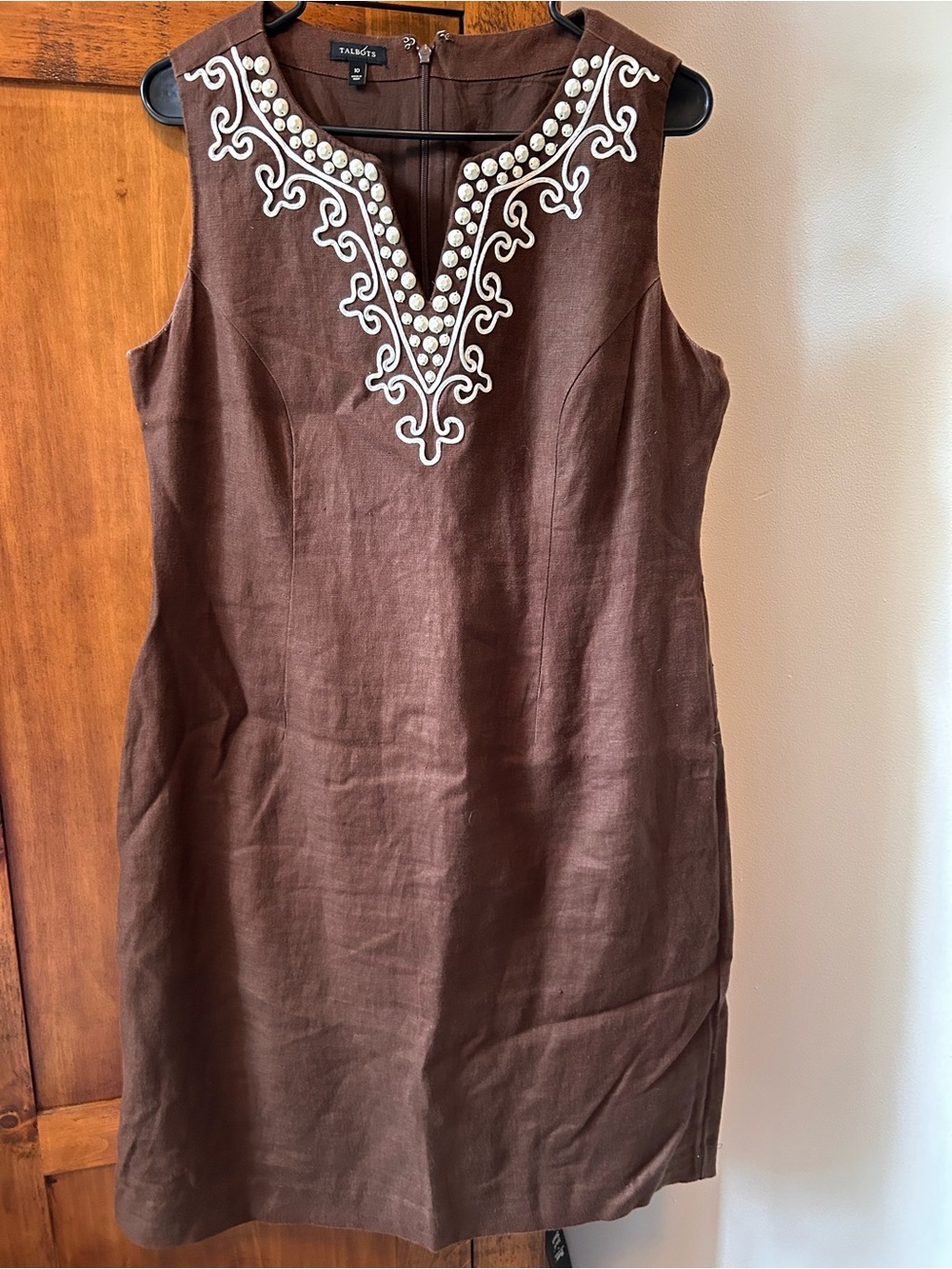 Talbots Brown Linen Sleeveless Dress with White Embellished V-Neck